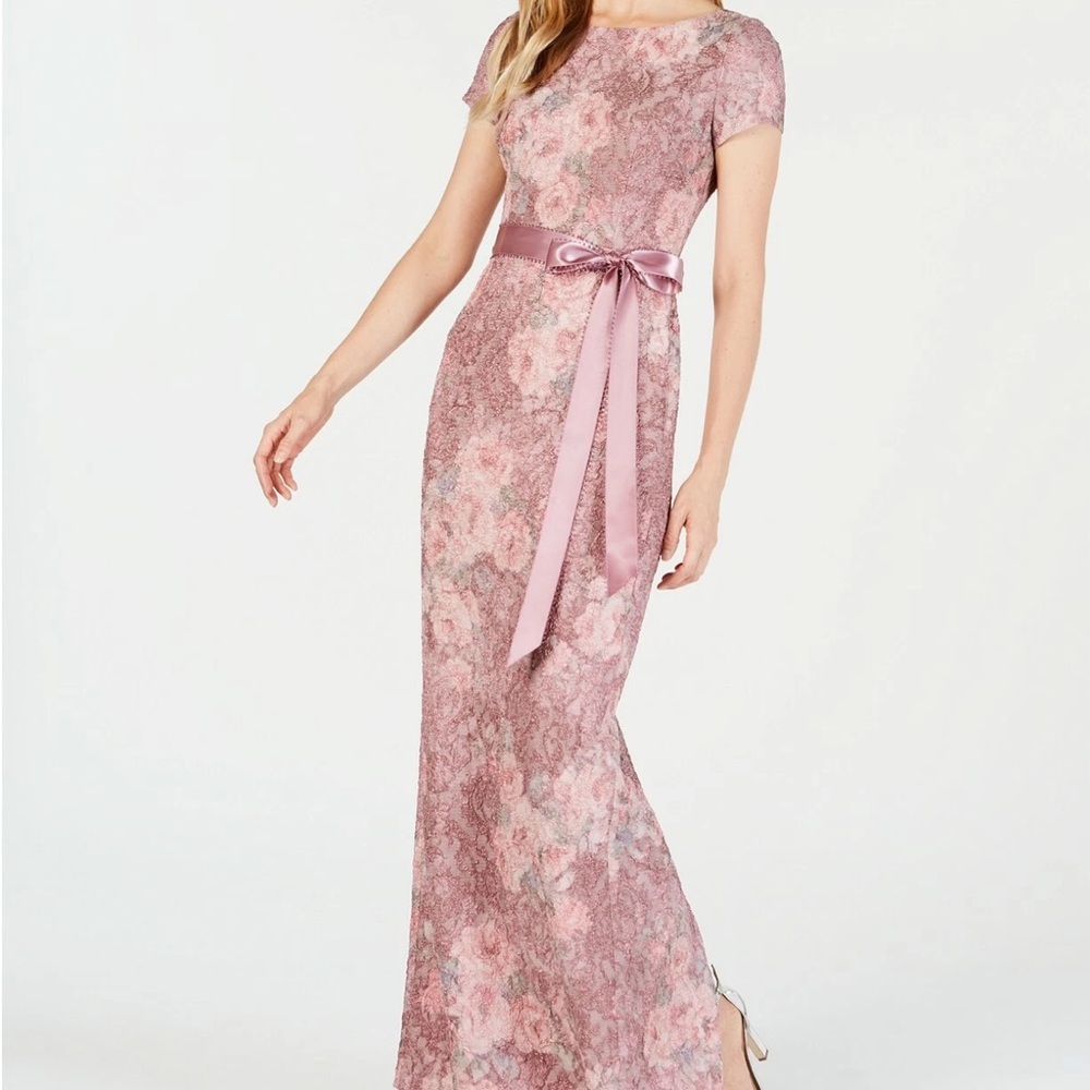 Adrianna Papell Floral Jacquard Gown Rose‎ Multi Short Sleeve Maxi Dress Size 4